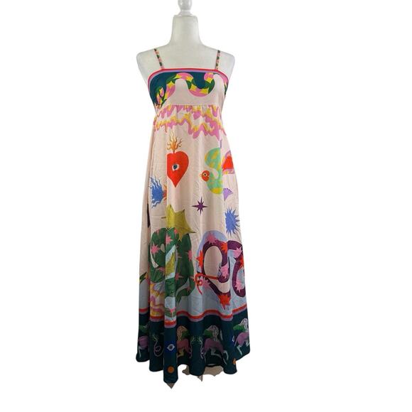 Bohemian Cami Maxi Dress Medium Graffiti Colorful Print Smocked Snake Dragon - Picture 15 of 16